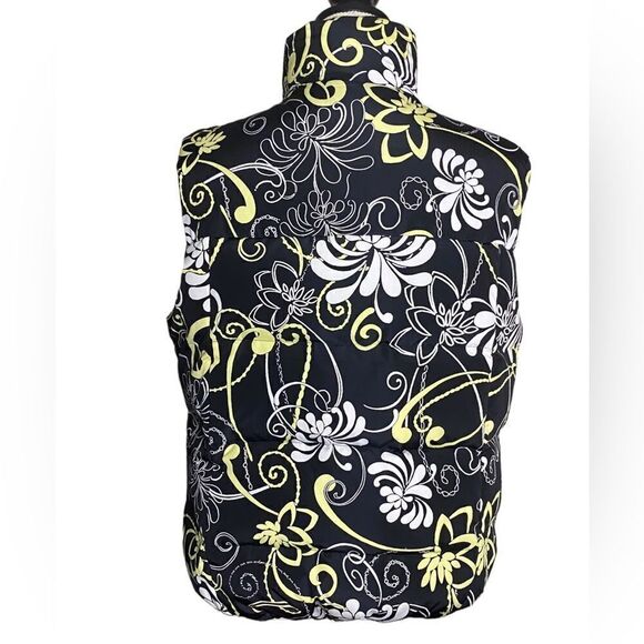 Athleta XL Goose Down Puffer Vest Black Yellow Floral Adjustable Jacket Women’s - Picture 5 of 6